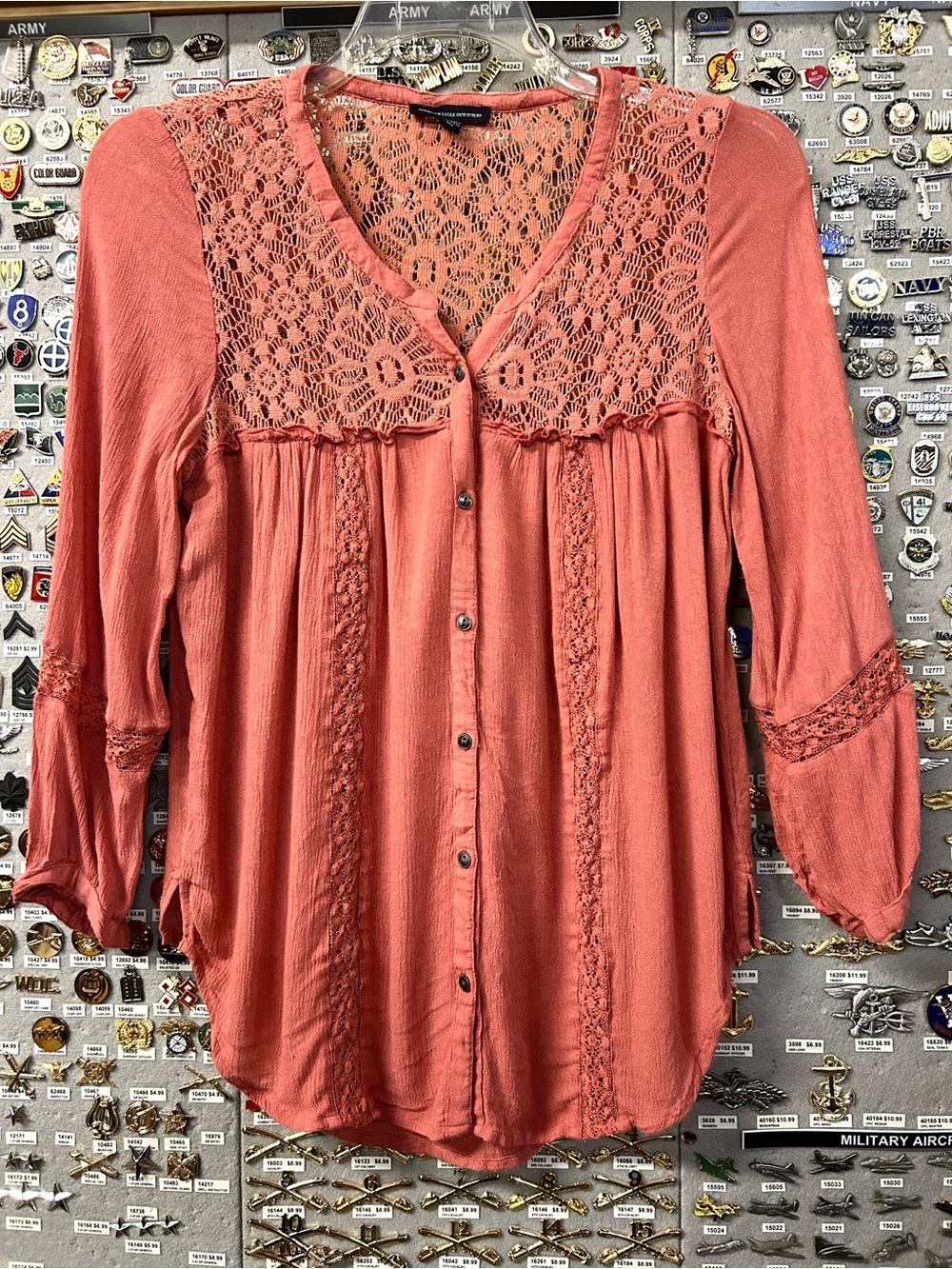 AEO Lace Yoke & Detail Button-Front Mauve Top